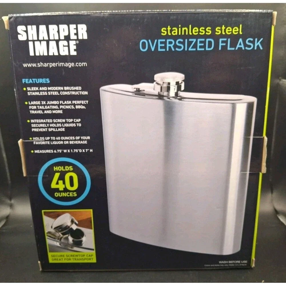 Sharper Image 40 Ounces Stainless Steel Oversized Flask 6.75 X 1.75 X 7